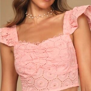 Lulus Coral Pink Eyelet Top Cropped Women’s Top Size L Cotton